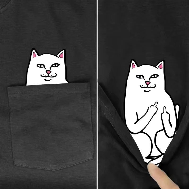 T-Shirt Simple Imprimé avec Poche Chat – Confort et style au quotidien – Idéal pour un look décontracté et tendance – Parfait pour les amoureux des chats