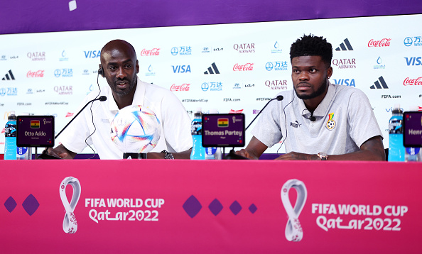 Ghana head coach Otto Addo and star midfielder Thomas Partey address the media at the Main Media Centre on December 1 2022, in Doha, Qatar.