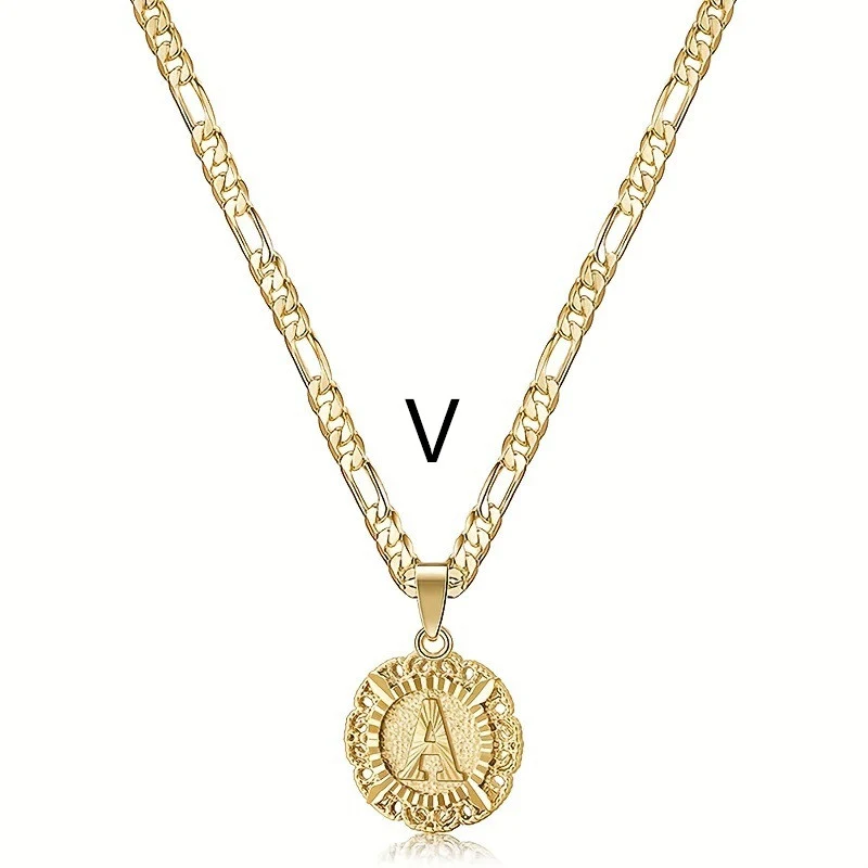 Ronde ketting met Engelse letter, holle, gebeeldhouwde design voor dames. Stijlvolle sieraden, perfect cadeau voor haar.