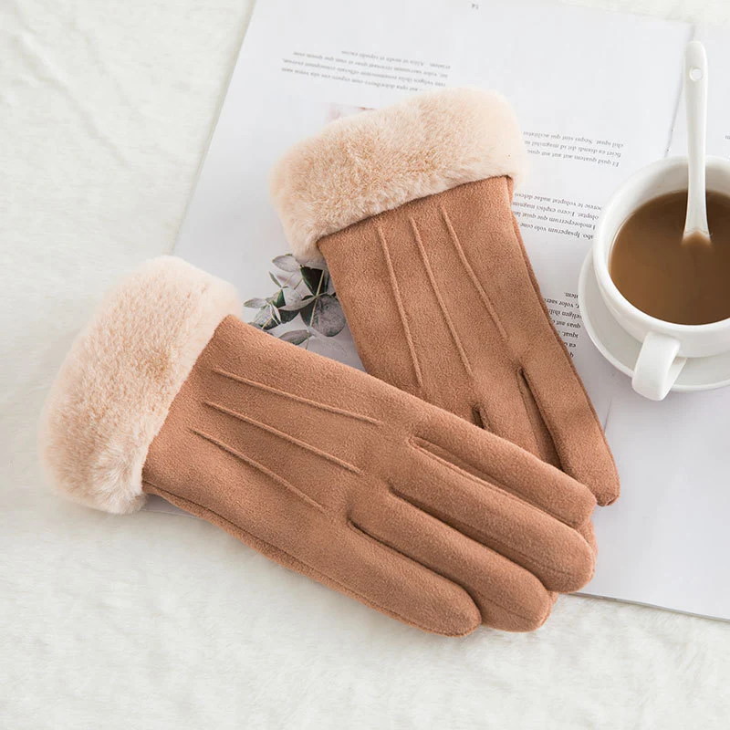 Luvas térmicas N915 camurça de inverno feminina dupla camada de veludo espessada