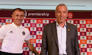 Orlando Pirates coach Milutin Sredojevic and Kaizer Chiefs coach Ernst Middendorp during the Soweto Derby Press Conference at PSL Offices on February 07, 2019 in Johannesburg, South Africa. 