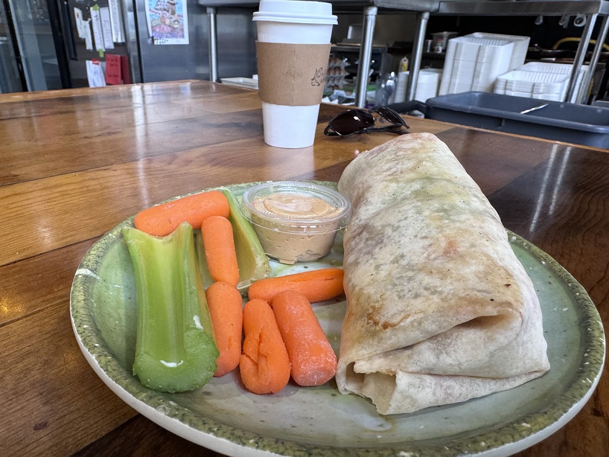 Buffalo chicken wrap, with a side of hummus