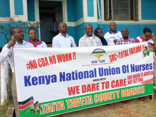 Taita Taveta Nurses Union officials during a press briefing outside Moi County Referral Hospital in Voi on Friday, February 1, 2019. /SOLOMON MUINGI