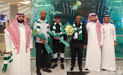 New Al-Ahli coach (2nd from left) Musi Matlaba (wearing glasses) and Kyle Solomon welcomed to Saudi Arabia by Al-Ahli officials without Kabelo Rangoaga this week.