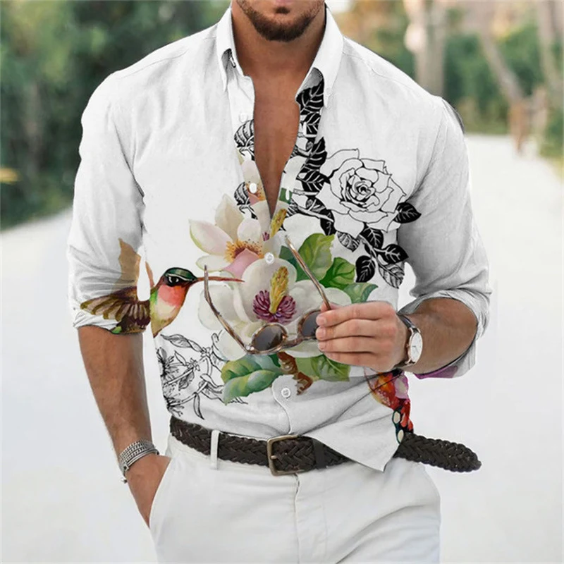 Herren Strandurlaub Langarm Hemd mit Print. Bequemes Shirt für sonnige Tage, atmungsaktiv und stilvoll, ideal für entspannte Stunden am Meer.