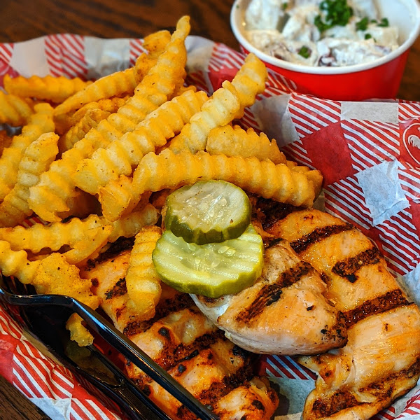 Grilled chicken tenders with delicious potato salad and crispy fries. All gluten-free!