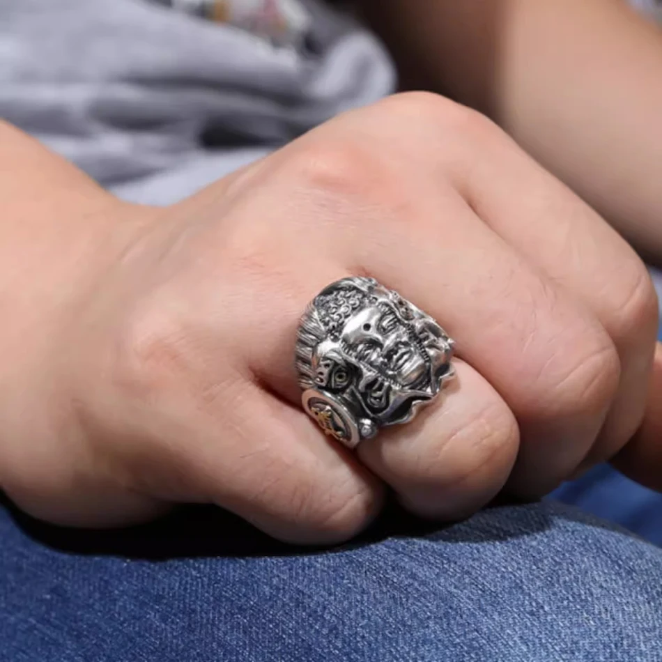 Anel Masculino Dedo Quebrado Estilo Nacional Meio Buda Meio Mágico, Design Exclusivo, Sorte e Proteção Diária