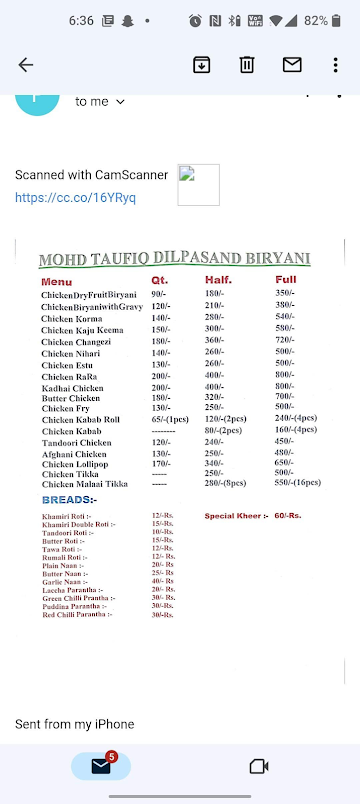 Mohd Taufiq Dil Pasand Biryani menu 
