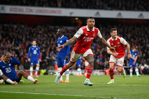 Arsenal forward Gabriel Jesus celebrates after he scored the team's third goal during their Premier League match against Chelsea at Emirates Stadium on May 02, 2023 in London, England.