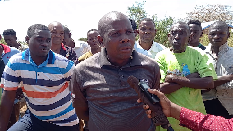 Kanjaocha community land chairperson Kaingu Teka addresses the media in Samburu, Kwale county, on Wednesday, May 8, 2024.