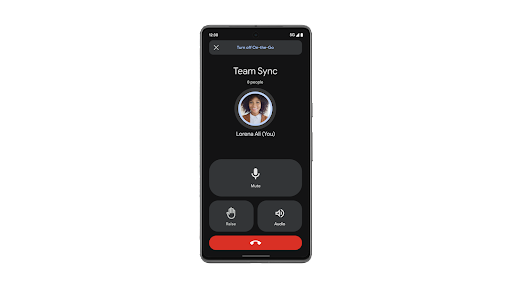 Se activa el modo Desplazamientos de Google Meet para tener botones más grandes y fáciles de usar durante una reunión de equipo en un teléfono Android.