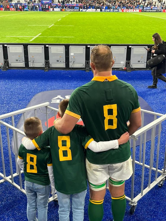 Springbok legend Duane Vermeulen and his sons, Anru, 10, and Zian, 6. Vermeulen will be running out for the last time in a Springbok jersey on Saturday.