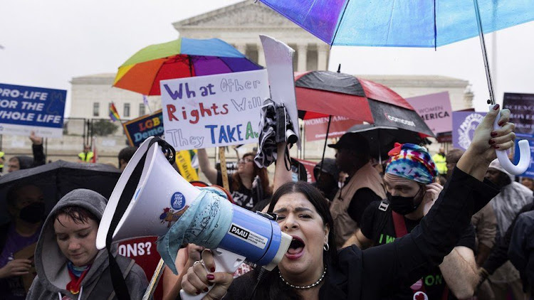 Women's rights protestors contesting the overturning of the right to abortion.