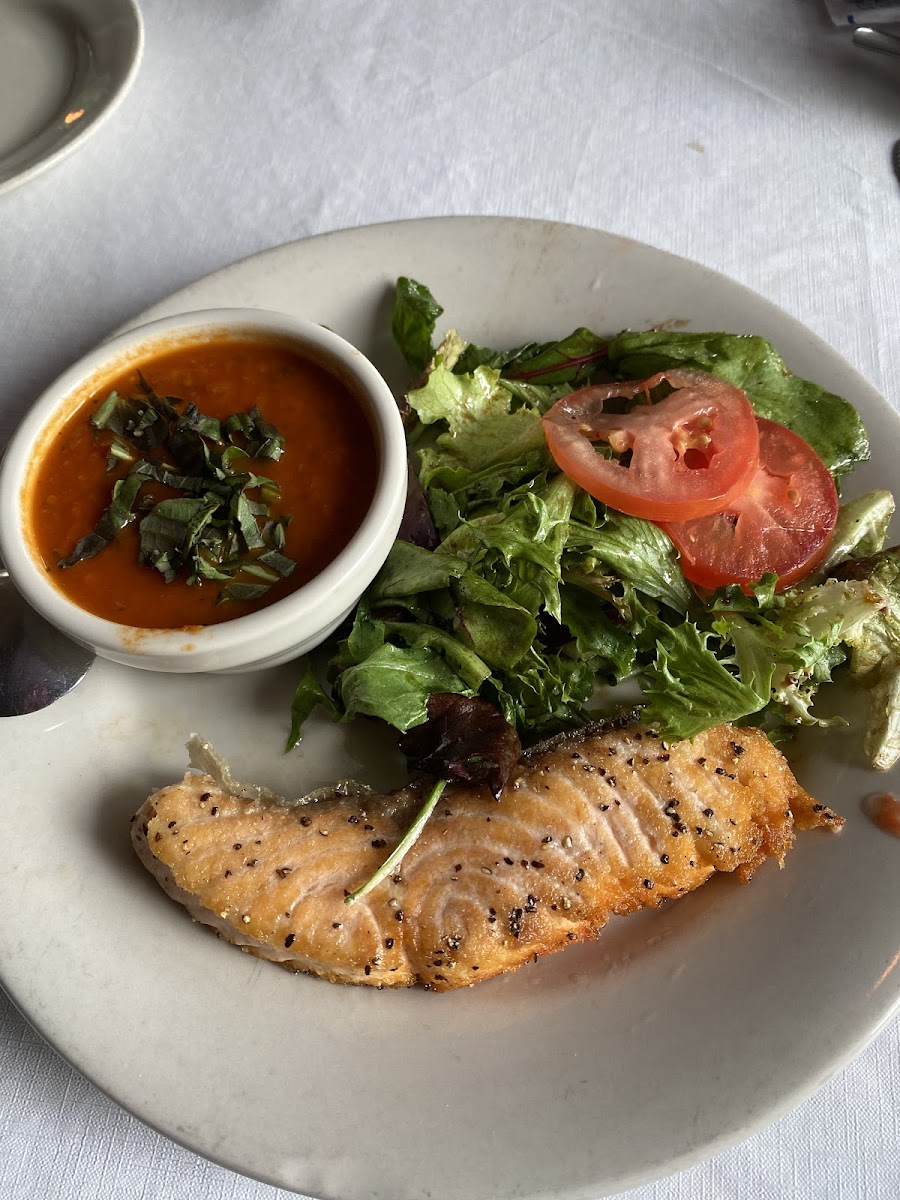 Salmon steak with salad and tomato basil soup. Amazing crispy skin on the salmon!