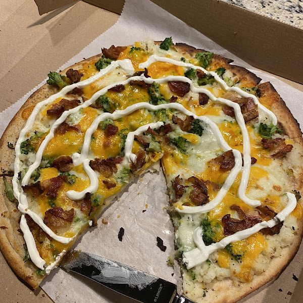 Loaded potato pizza on a gluten free crust!