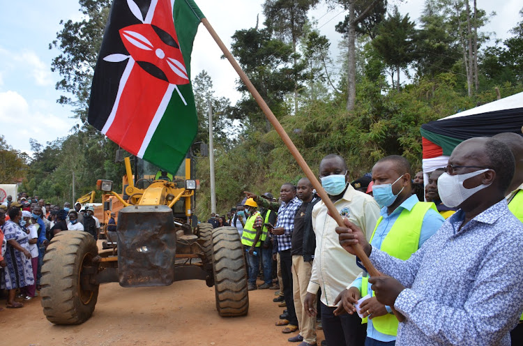 Transport Cabinet Secretary James Macharia during the commissioning of the 54 Km Bura - Mghange – Werugha – Wundanyi –Mbale – Msau and Mtomwadogodi road at Wundanyi on, November 1.