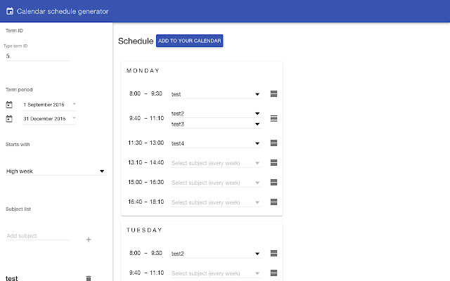 Calendar schedule generator chrome extension