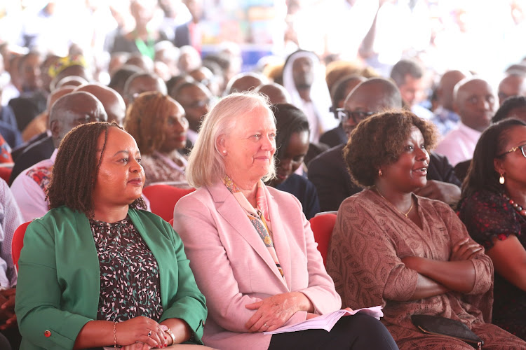 Kirinyaga Govenror Anne Waiguru, US Ambassador to Kenya Meg Whitman and Embu Cecile Mbaririe Governor at the Tom Mboya University for the Homa Bay investment conference on February 27,2024.