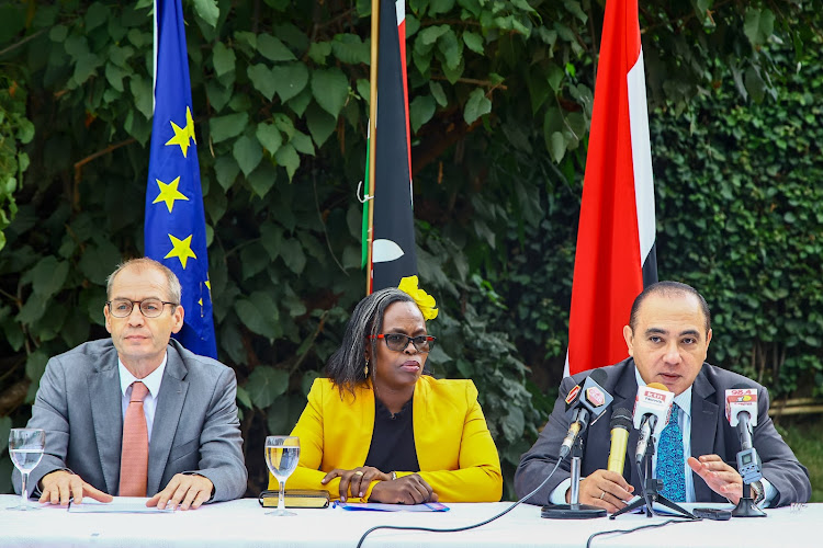 Delegation of the European Union Deputy Ambassador Ondrej Simek, Kenya National Counter Terrorism Centre director Rosalind Nyawira and Ambassador of the Arab Republic of Egypt Wael Nasreldin Attiya during the press conference