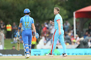 James Neesham of Pretoria Capitals and Dewald Brevis of MI Cape Town exchange views during Saturday's pulsating SA20 encounter between the two sides in Centurion.