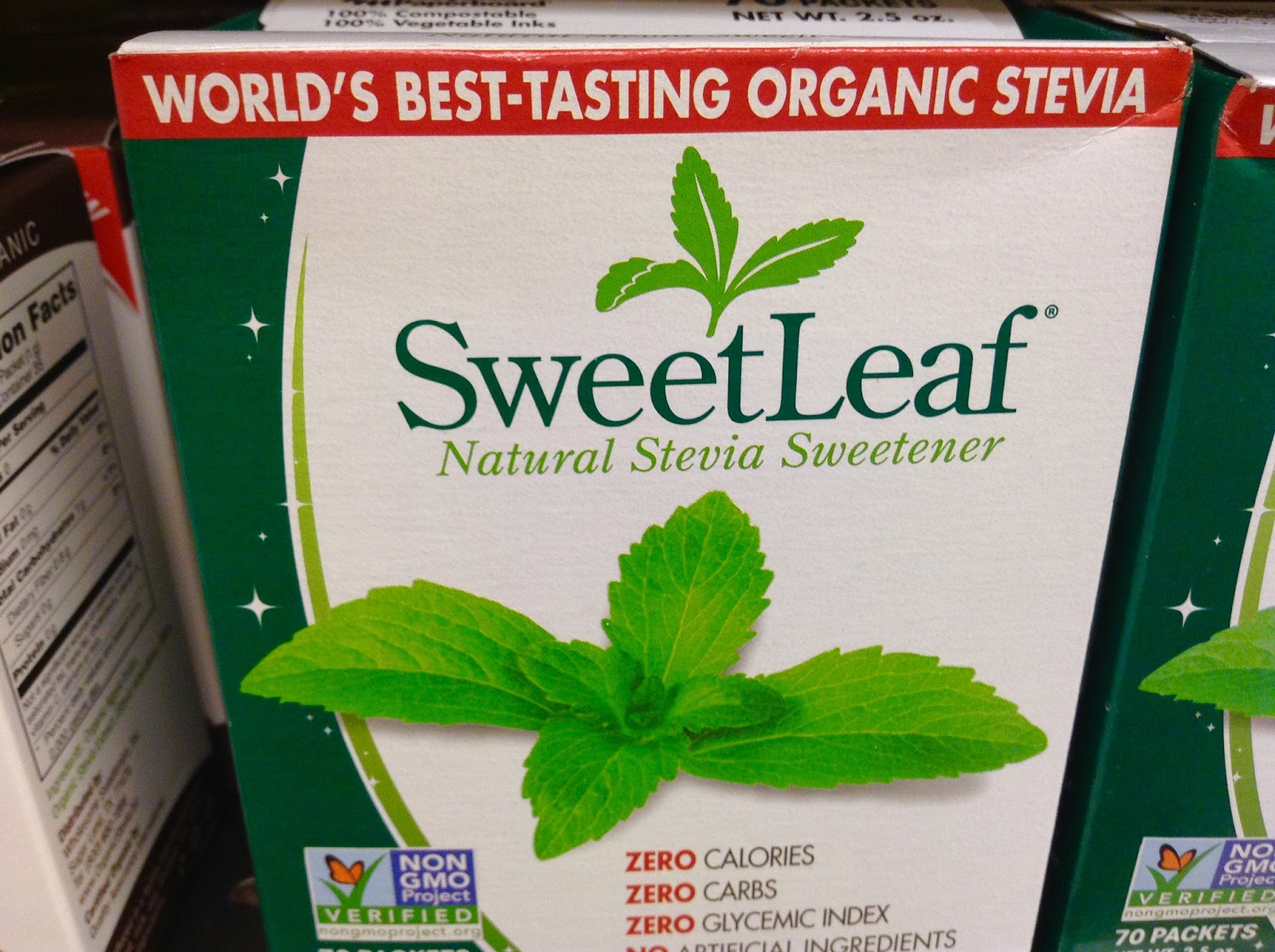 Photo shows a box of SweetLeaf stevia sweetener, with front-of-package labels 