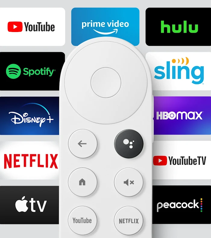 A Chromecast remote with a collage of entertainment logos, including YouTube, Amazon Prime Video, Hulu, Disney Plus, and more