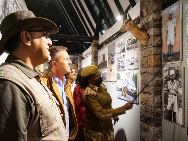 Cs for Tourism and Wildlife Najib Balala and actor Edward Norton touring the Nairobi National Park Education Centre.