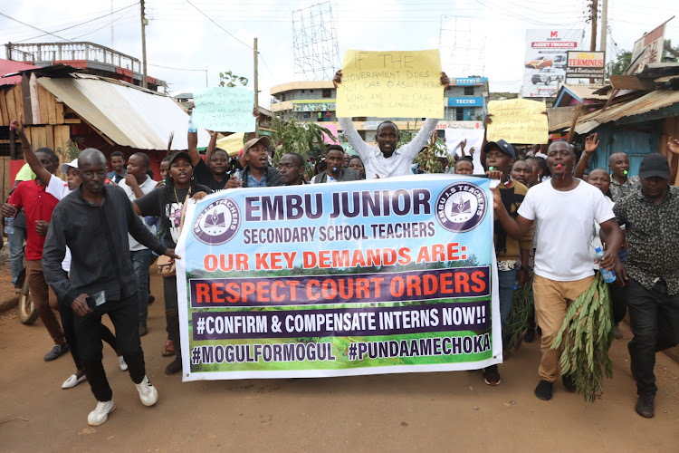 Embu County Junior Secondary School teachers staging demonstrations at Runyenjes town in Embu County on Thursday 16, May,2024.