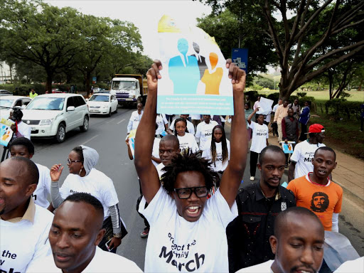 Demonstrators participate in an anti-gay protest by the Catholic Justice and Peace Commission and the Kenya Christian Professional Forum along city streets on July 5, 2015.The march came days after the US Supreme Court ruled same-sex marriage legal in all 50 states. /HEZRON NJOROGE