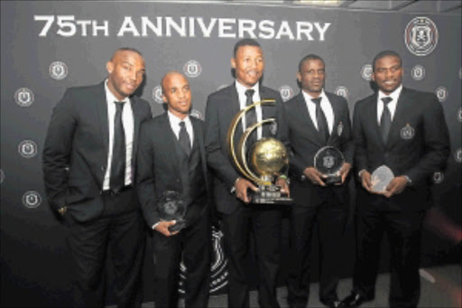 WINNERS ALL: Benni McCarthy, Oupa Manyisa, Siyabonga Sangweni, Lucky Lekgwathi, and Senzo Meyiwa at the club's awards ceremony at Orlando Stadium on Saturday evening. PHOTO: VELI NHLAPO