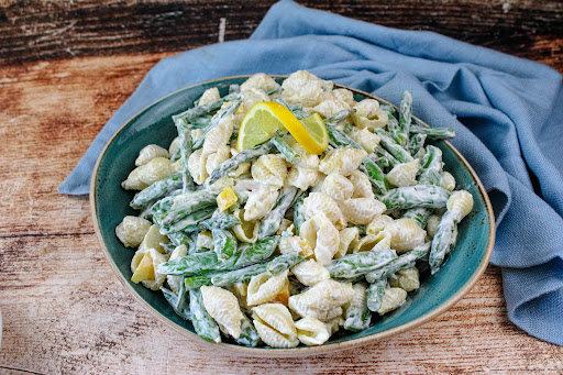 Lemon Vegetable Pasta Salad ready to serve.