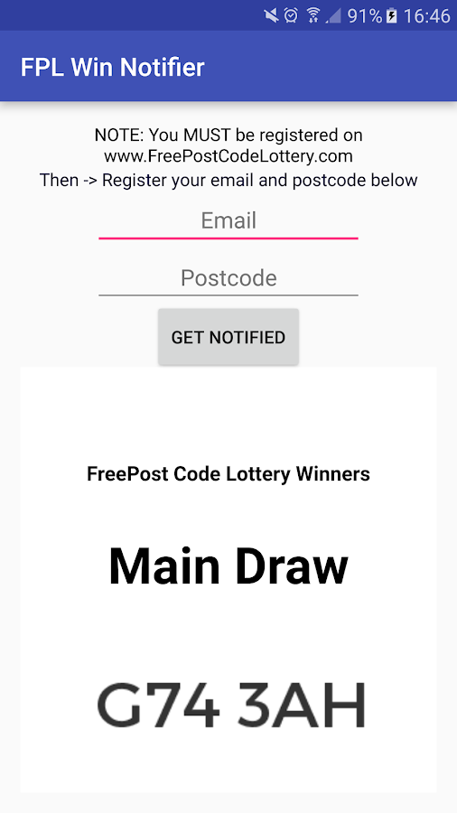 FreePostcodeLottery Win notify Screen 3