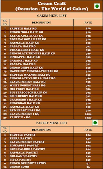 Cream Craft - Premium Cakes & Bakery Products menu 