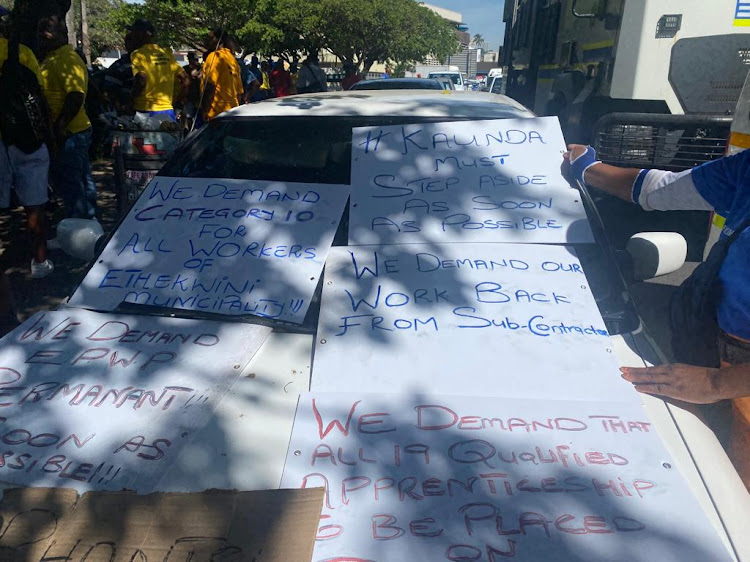 Municpal workers prepare for a march in Durban on Tuesday.