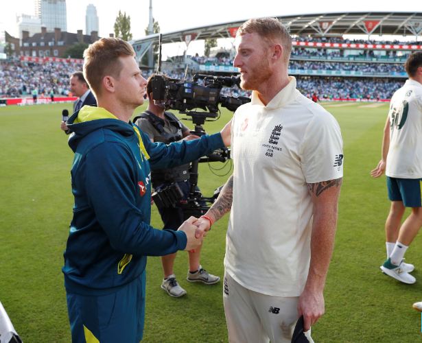 Australia's Steve Smith and England's Ben Stokes shake hands after the fifth Test of the Ashes series at the Oval in London, England, on September 15 2020.