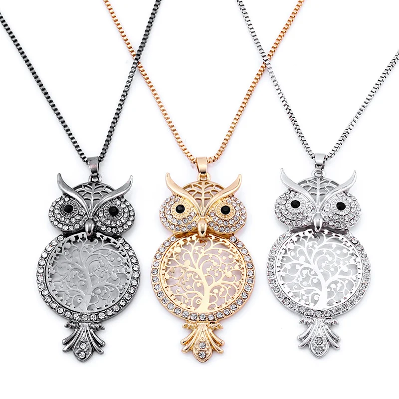 Fashion long diamond-studded hollow owl sweater chain necklace