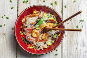 Prawn and vegetable stir fry with rice noodles.