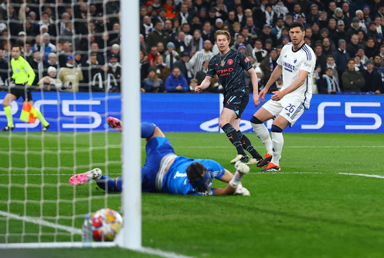 Kevin De Bruyne scores Manchester City's first goal in their Uefa Champions League last 16, first leg match at Parken in Copenhagen, Denmark on Tuesday night.