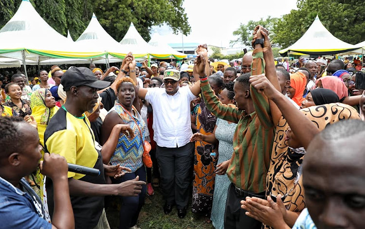 Mombasa UDA governor candidate Hassan Omar with Taita Taveta community at the Mission to Seamen grounds in Mombasa on Saturday, July 2.