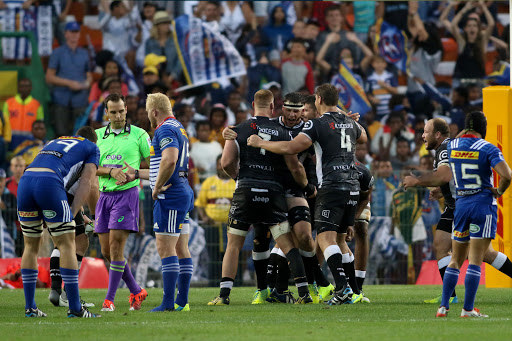 Sharks players celebrate after beating Stormers during the 2016 Super Rugby match between DHL Stormers and Cell C Sharks at DHL Newlands on March 12, 2016 in Cape Town, South Africa.