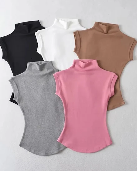 Women Summer Sexy Turtleneck Sleeveless T-Shirts Tops Sol... - 0