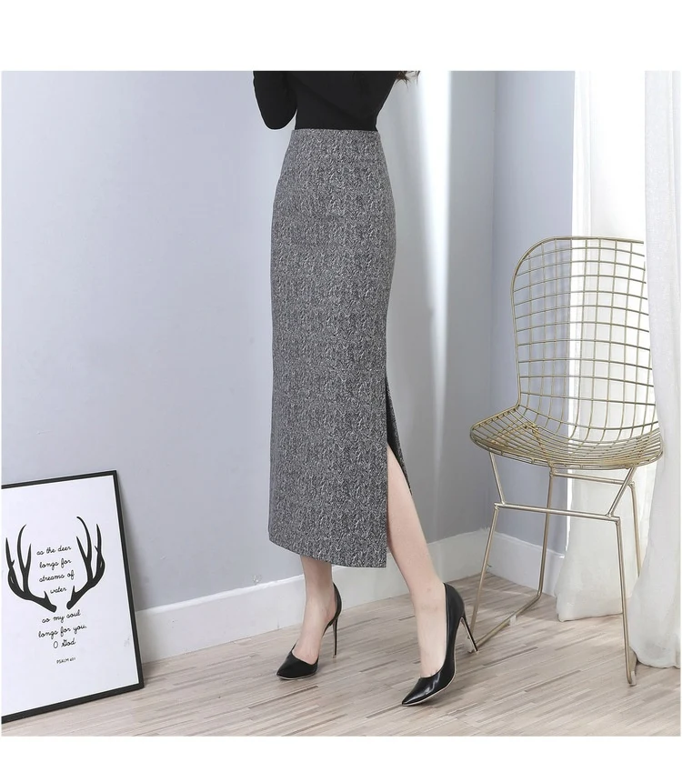 Geruite wollen rok met zijsplit voor dames, retro, slank en recht model, verdikt en lang, ideaal voor de winter.