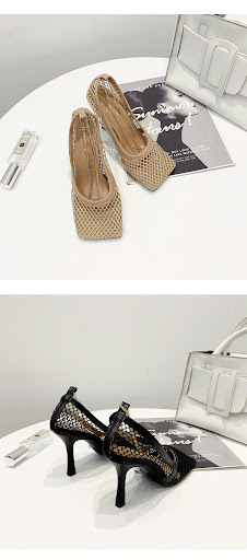 Title 7, Mesh cut chain high heel small square sandals, ...