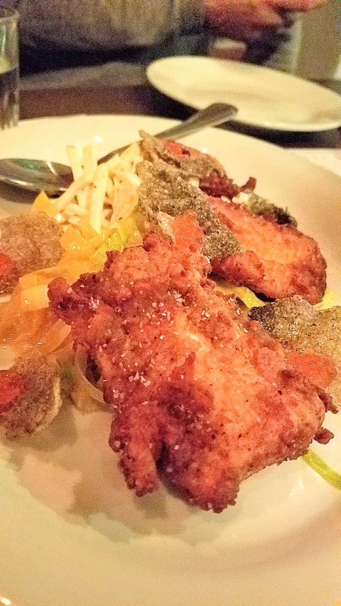 Chicken Fried Trout with celeriac remoulade, iceberg lettuce, radish, pickled shallot, tarragon aioli, trout roe, trout chicharrones at Radar Restaurant on North Mississippi, Portland