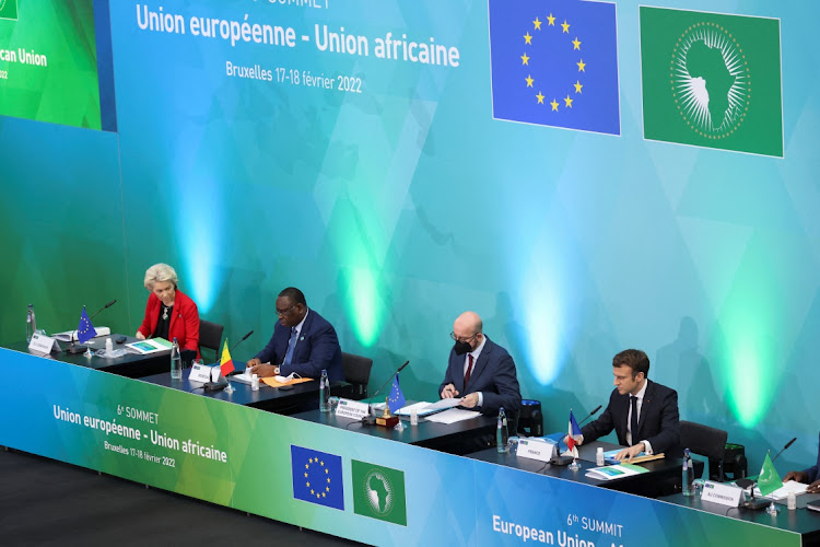 From right, French President Emmanuel Macron, European Council president Charles Michel, Senegal President Macky Sall and European Commission president Ursula von der Leyen take part in an EU-AU summit, in Brussels, Belgium, February 17 2022. Picture: YVES HERMAN/REUTERS