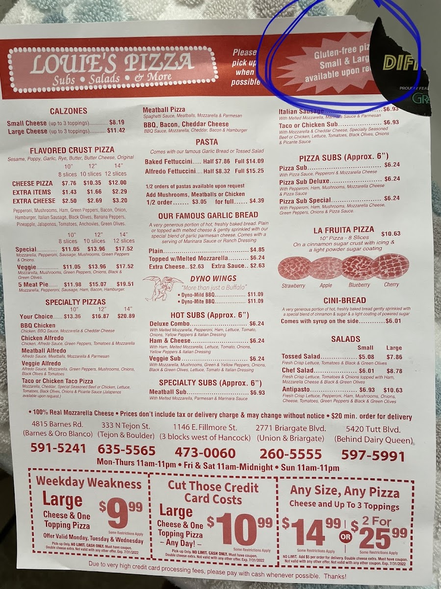 Louie's Pizza gluten-free menu