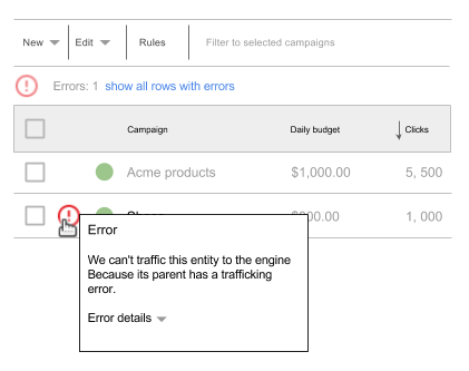 Hover over the error icon in the reporting table.