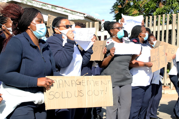 Nursing staff at Empilweni TB Hospital in Motherwell protest on Wednesday in support of demands that they be tested for Covid-19