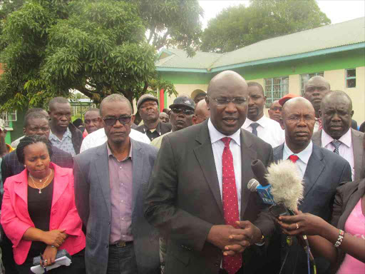 Bungoma Governor Wycliffe Wangamati and Ford Kenya Secretary General Eseli Simiyu address the press at Naitiri dispensary after opening a Sh13 million theater funded by Safaricom and the CDF, March 19, 2018. /BRIAN OJAMAA