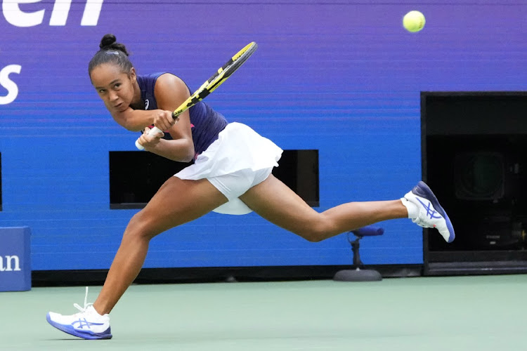 Leylah Fernandez of Canada hits a backhand against Emma Raducanu of Great Britain in the US Open final at USTA Billie Jean King National Tennis Center